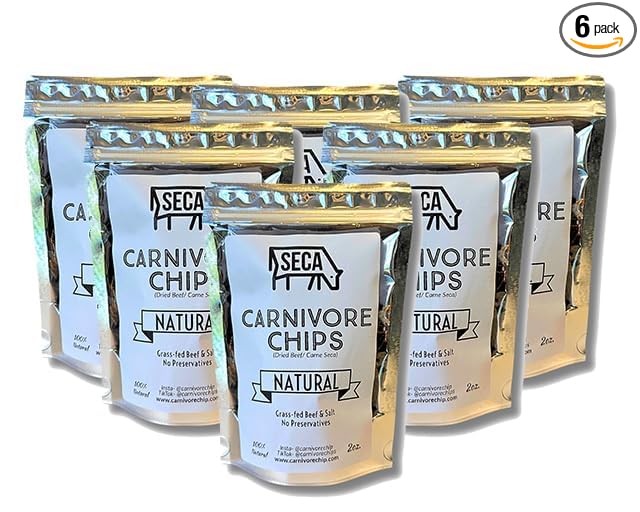 SECA Carnivore Chips - 6 Bags Natural Grass-fed Beef and Salt Carne Seca- Keto Carnivore Paleo