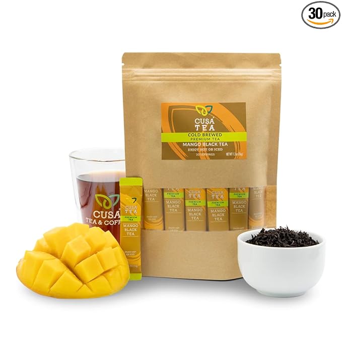 Cusa Tea &amp Coffee | Premium Instant Mango Black Tea With Real Fruit &amp Spices | Organic Leaves Drink Mix Packets | Hot or Iced Tea (30 Single Servings)