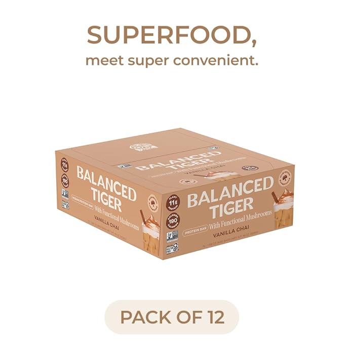 Functional Mushroom Vegan Protein Bars | Made in USA | Full Dose Lions Mane Shitake Reishi &amp Maitake Bars | Plant Protein Bars w/Adaptogens &amp Superfoods | Vanilla Chai Flavor
