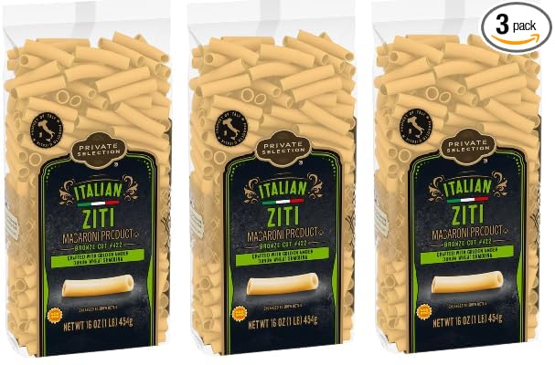 Italian Ziti Macaroni Product Bronze Cut Crafted With Golden Amber Drum Wheat Semolina (3 Bags 16 oz. each)