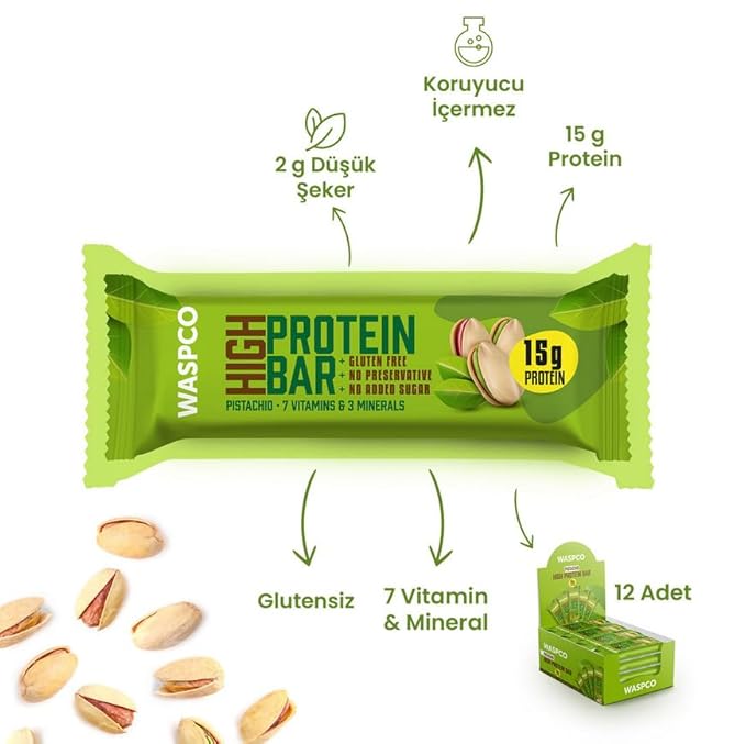 (12 Count) Protein Bars PISTACHIO Gluten Free with 15g Protein and 2g Sugar 50G