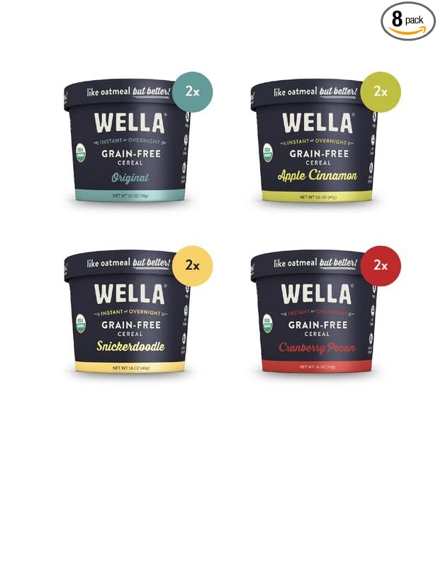 Wella Cereal Oatmeal Alternative Gluten-Free Breakfast Hot Cereal Grain-Free Paleo Organic Vegan High Protein Superfood Plant-Based Non-GMO Low in Net Carbs Single-Serve Cups Flavor Variety Samp