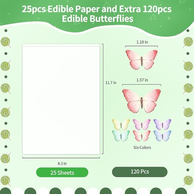 Edible Paper Frosting Sheets A4 Size with 120pcs Wafer Butterflies Icing Sheets for Cakes Printable Edible Image Paper Sugar Sheet for Cupcake Toppers Cake Decorations