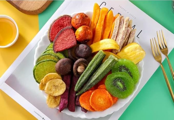 Instant Dried Vegetables and Fruits Chips 8.8 ounce/can 10 Types of Instant Dried Fruits and Vegetables Chips Mixed FruitsOkra Yellow Peach Figpurple Potato Fruit SnacksVegan (6 Cans)
