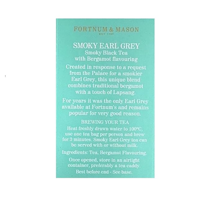 Fortnum and Mason Smoky Earl Grey 25 Count Tea Bags 50g (1 Pack) Cellophane Sealed Box