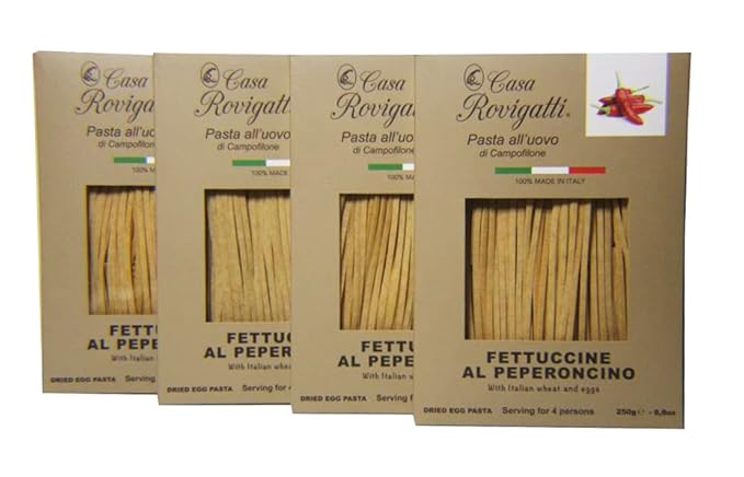 Fettuccine with Chilli Pepper Egg Gourmet Pasta (Pack of 4) - Italian Fettuccine Al Pepperoncino Pasta Di Campofilone- Imported Italian Egg Pasta- 8.8 ounces / 250 grams