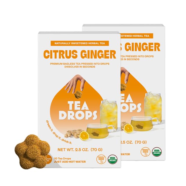 Tea Drops Citrus Ginger Tea | Dissolvable Bagless Loose Leaf | Wellness Boosting Calming Caffeine-Free Naturally Sweetened Organic | Iced or Hot | Gift Set 2 Pack - 20 Servings