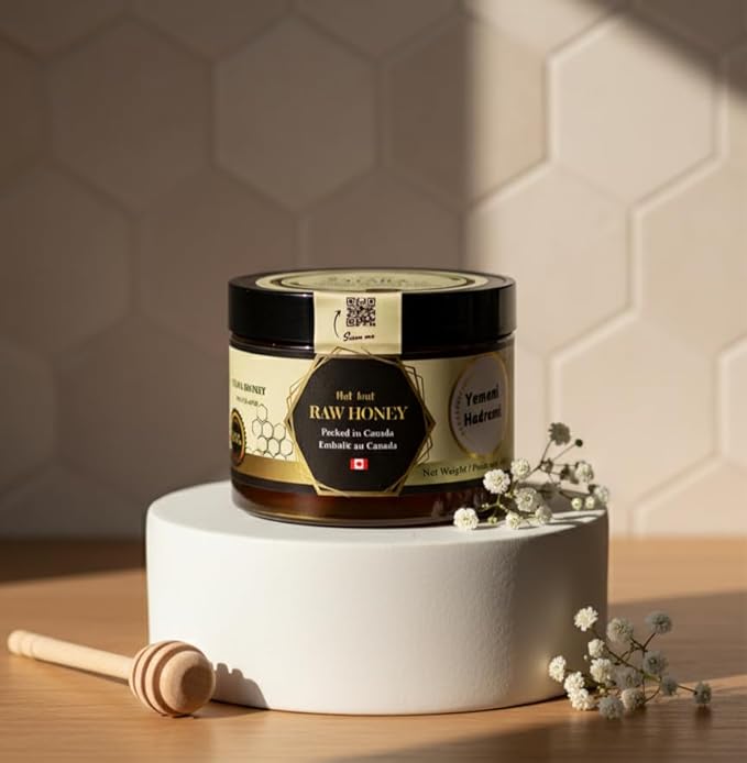 TIARA Yemeni Hadrami Honey – 100% Raw Pure &amp Natural CFIA Certified Unpasteurized Packed in Canada Premium Quality – 14 Fl Oz 400g + Free Honey Dipper Gift