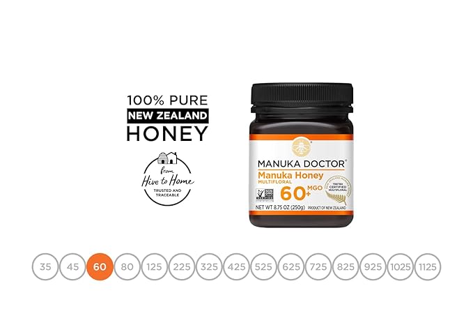Manuka Doctor - MGO 60+ Manuka Honey Multifloral 100% Pure New Zealand Honey. Certified. Guaranteed. Raw. Non-GMO (8.75oz)