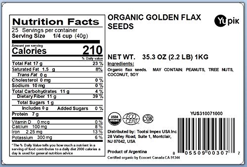 Yupik Organic Golden Flax Seeds 2.2 lb Non-GMO Vegan Gluten-Free (Pack of 2)