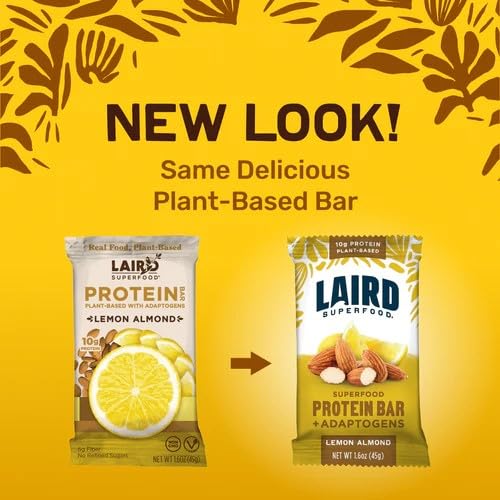 Laird Superfood Functional Protein Bars – Protein Bar but Better with Real Ingredients Functional Mushrooms 10g Plant-Based Protein 6g Fiber - Non-GMO - Lemon Almond 10 Count (Pack of 1)