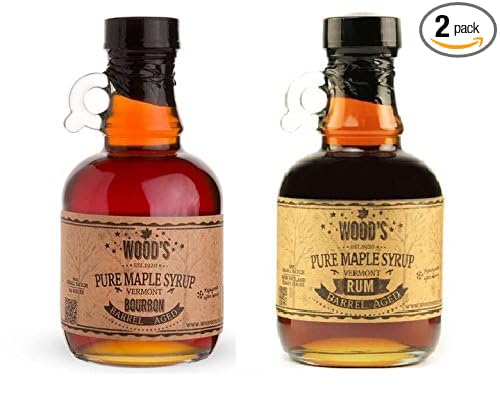 Two Glass Jars of Vermont Pure Maple Syrup - Bourbon Maple Syrup and Rum Maple Syrup