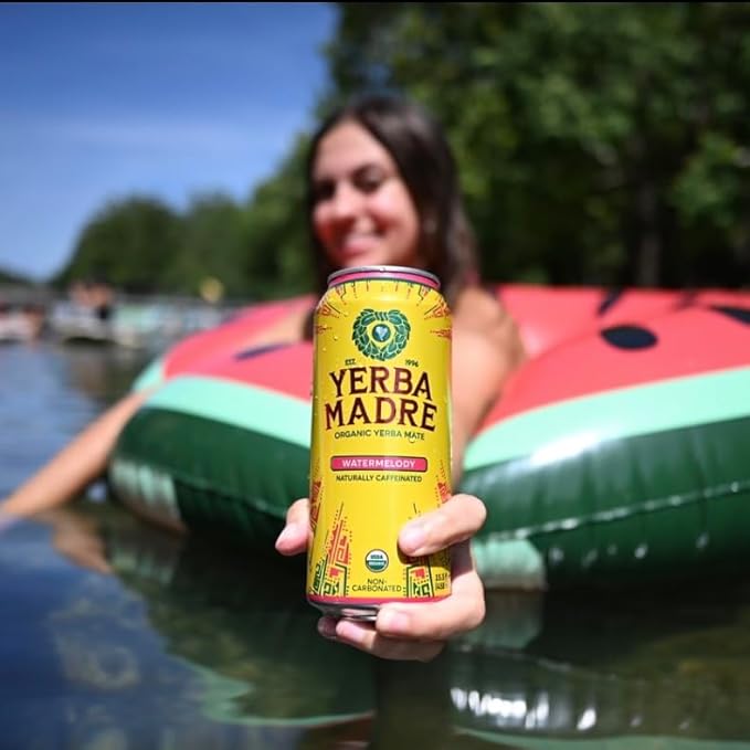 Yerba Madre Organic Yerba Mate Energy Drink Alternative Watermelody 150mg Plant Based Caffeine Smooth Energy &amp Focus No Jitters or Crash 15.5 Oz Cans (Pack of 12)