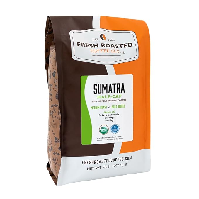 Fresh Roasted Coffee Organic Sumatra Water-Processed Half-Caf | 100% Single Origin USDA Organic Kosher | Medium Roast 2 lb (32 oz) Ground