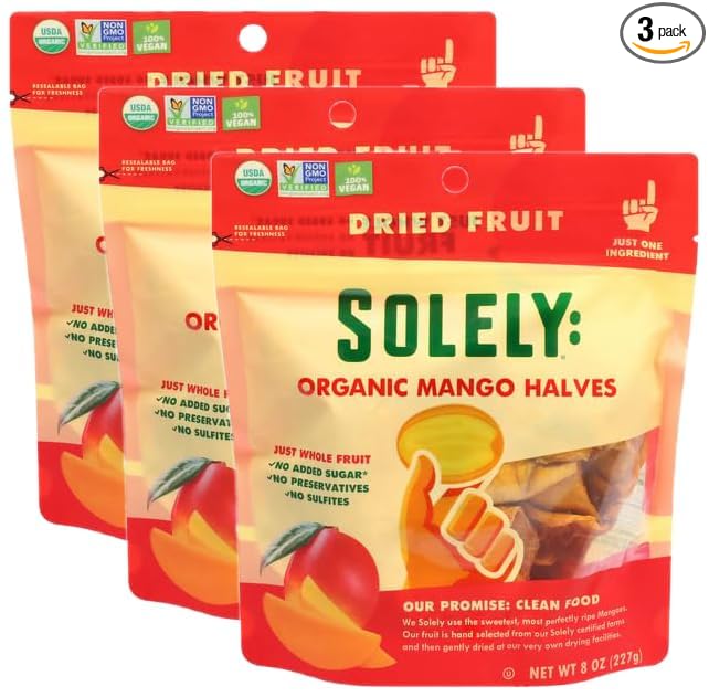 SOLELY Organic Dried Mango Halves Large (Pack of 3) | One Ingredient | Vegan | Non-GMO | No Added Sugar