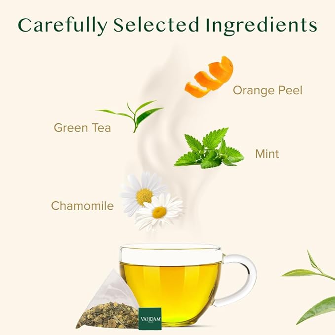 VAHDAM Chamomile Mint Citrus Green Tea Bags (100 Count) Low Caffeine Non GMO Gluten Free | Sweet &amp Floral | Resealable Ziplock Pouch | Chamomile Tea Bags