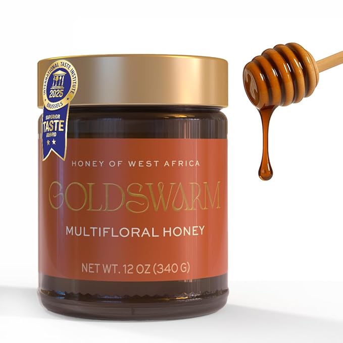 Goldswarm Premium Raw Honey – Pure &amp 100% Natural Multifloral Honey from West Africa Award-Winning Taste 2025 Non-GMO Traceable from Hive to Hand (12 oz Jar)