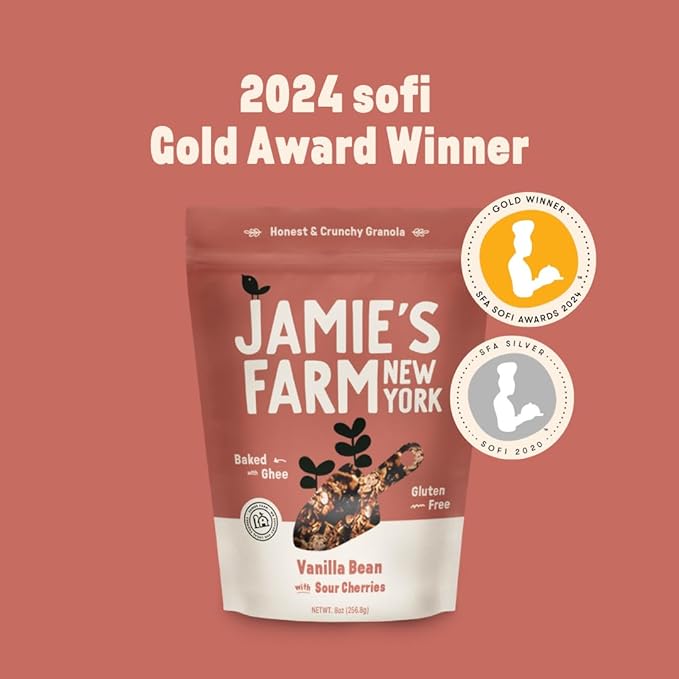 Jamie's Farm Vanilla Bean Granola with Sour Cherries (3 Pack) – Gluten-Free Organic Low Sugar – Baked with Ghee &amp Organic Oats – 8oz Bags