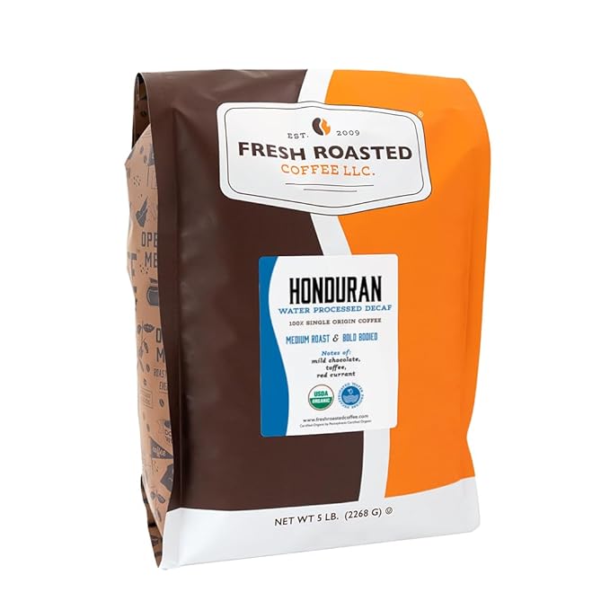 Fresh Roasted Coffee Organic Honduran Water-Processed Decaf | USDA Organic 100% Single Origin Kosher | Medium Roast 5 lb (80 oz) Ground