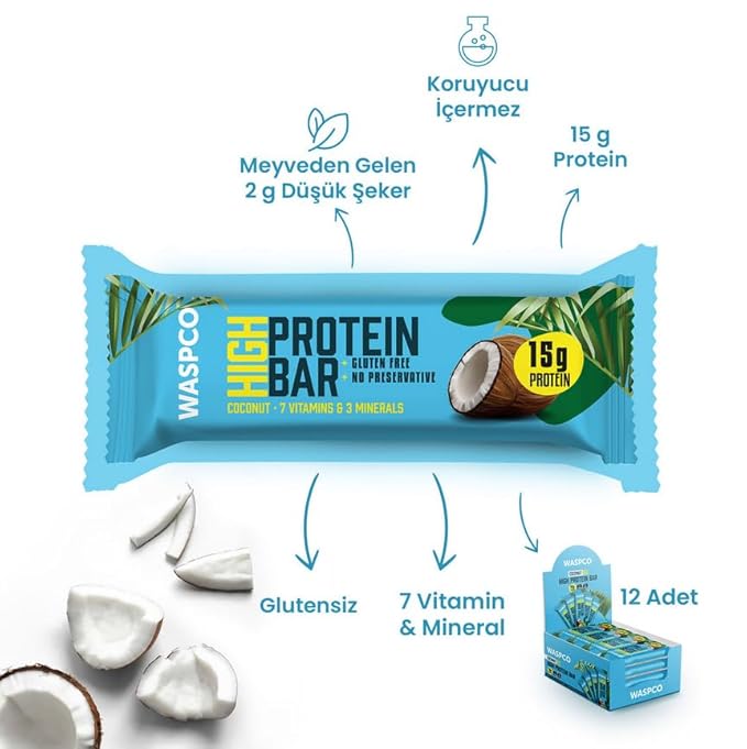 (12 Count) Protein Bars COCONUT Gluten Free with 15g Protein and 2g Sugar 50G