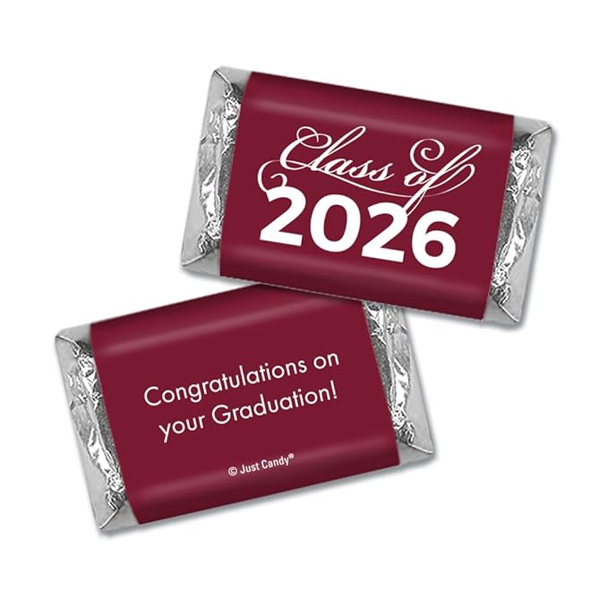 124 Pcs Maroon Graduation Candy Party Favors Maroon Wrapped Miniatures and Silver Kisses by Just Candy (1.52 lbs approx. 124 Pcs)