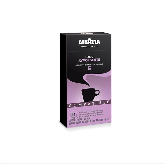 Lavazza Premium Coffee Corp Nespresso OriginalLine Compatible Capsules Avvolgente Espresso Lungo Dark Roast Coffee 10 ct