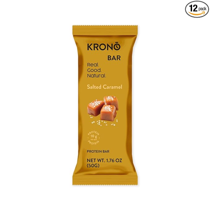 Krono Nutrition Energy Bar - Made with Natural Ingredients - Vegan - Gluten Free - Nuts Free - Soy Free - 50 gram per bars - 12 bars per box (12 count Crunchy Salted Caramel)