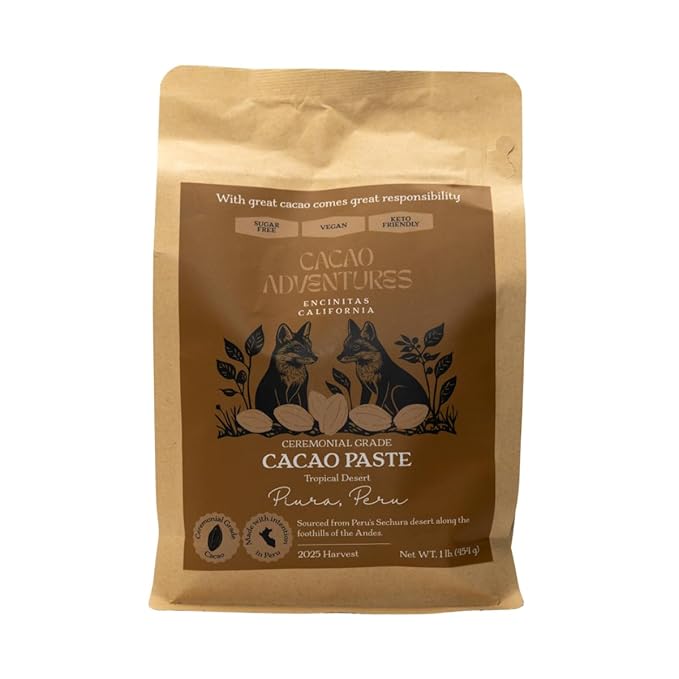 Cacao Adventures Ceremonial Grade CacaoDairy Free &amp Vegan | Unsweetened | Ethically sourced and sustainably grown | Vegan Peruvian Cacao Ceremonies 1 Pound (Pack of 1)