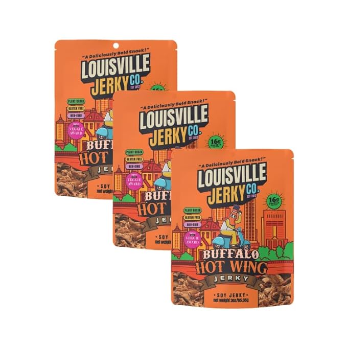 Louisville Vegan Jerky - Buffalo Hot Wing Vegan and Vegetarian Meat - Lip-Smacking Jerky - Gluten-Free High Protein Vegan Snacks 18 grams of Non-GMO Soy Protein - 3 oz 3 Pack