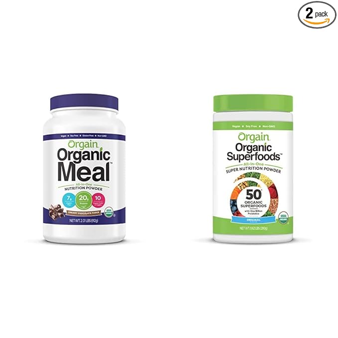 Orgain Organic Vegan Meal Replacement Protein Powder Creamy Chocolate Fudge (2.03lb) Organic Greens Powder + 50 Superfoods (0.62lb) Bundle