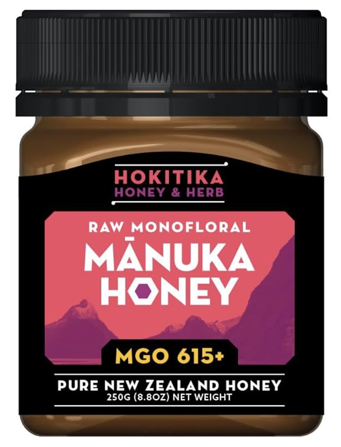 Hokitika Honey &amp Herb Raw Manuka Honey MGO 615+ from New Zealand. 100% Pure High Strength Medical Grade Non-GMO Monofloral Manuka flower honey. 8.8oz (250g)