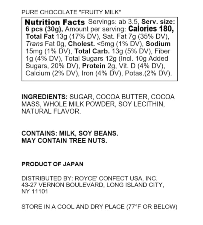 ROYCE' Pure Chocolate Fruity Milk - Milk Chocolates | Gourmet Snack for Gifting &amp Indulging | Japanese Chocolate from Hokkaido (20 Pieces of Chocolate)