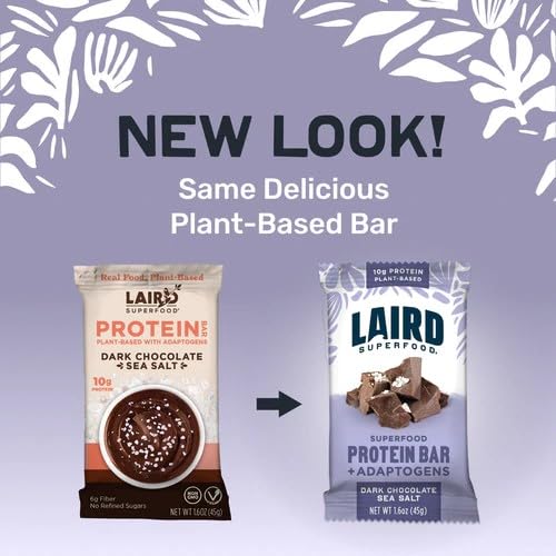 Laird Superfood Functional Protein Bars – Protein Bar but Better with Real Ingredients Functional Mushrooms 10g Plant-Based Protein 6g Fiber - Non-GMO - Dark Chocolate Sea Salt 10 Count (Pack of 1)