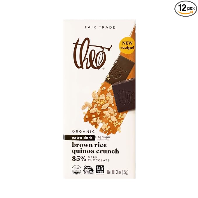 Theo Chocolate Brown Rice Quinoa Crunch Organic Dark Chocolate Bar 85% Cacao 12 Pack | Vegan Fair Trade
