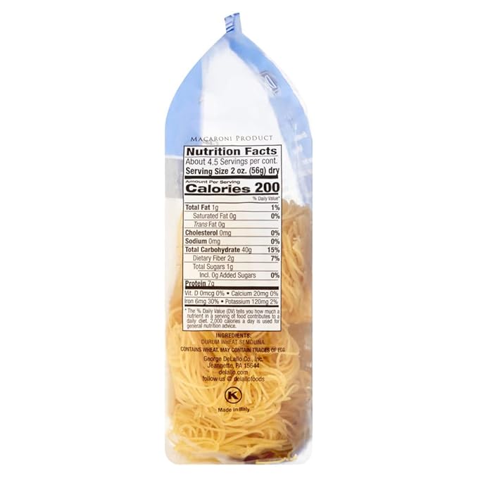 DeLallo Capellini Angel Hair Pasta Nests Made in Italy Made with Durum Wheat Semolina Flour All Natural Kosher Non-GMO 8.82 oz Bag (4 Pack)