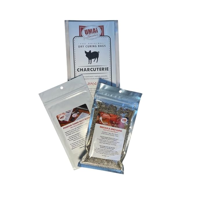 UMAi Dry Large Charcuterie Kit Easy Bundle Pack of 3 8x18 in Dry Aging Bags for 5 lbs of Meat Bresaola Spice Blend &amp Premixed Curing Salt Create Gourmet Charcuterie Boards in Refrigerator Over