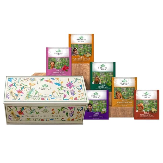 Organic India Tea Sampler Box Variety Pack - Tulsi Herbal Tea Gift Set Hot Tea Assortment Holy Basil Ashwagandha Turmeric Ginger Sweet Rose Original Sleep Masala Chai - 60 Tea Bags