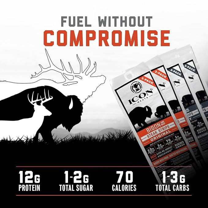 ICON Meats Steak Strips Sampler Gift Box 8 High Protein Snacks Assorted Bison Elk Venison Beef Jerky Strips 2 Sticks per Pack Natural Gluten Free Low Sugar Gifts for Him