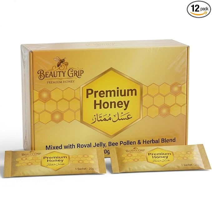Royal Boost Honey Sachets Herbal Vitality &amp Energy Support Organic Honey with Bee Pollen &amp Herbal Blend Large Pack of 12 Sachets – Single Serve 20g Individually Sealed Honey Packs
