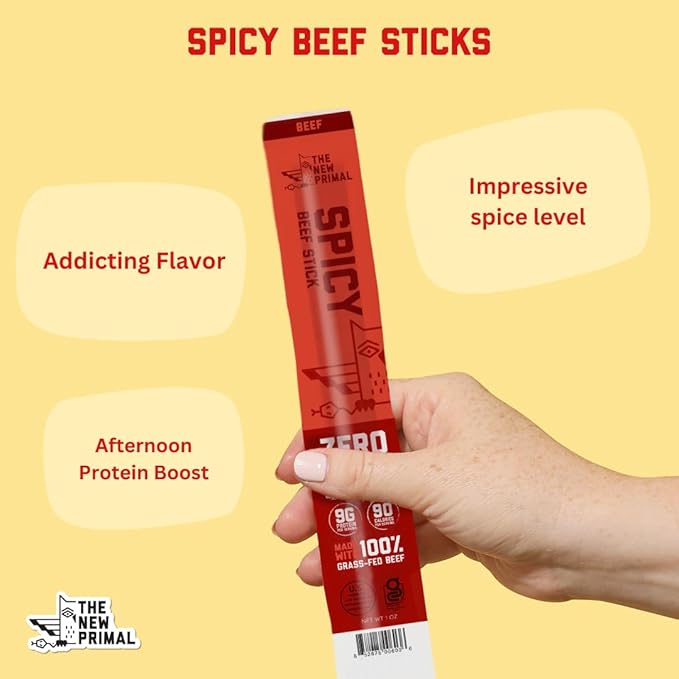 The New Primal Grass-Fed Spicy Beef Sticks Keto Gluten Free Healthy Snacks for Adults Sugar Free Low Carb High Protein Snack Paleo Whole30 Jerky Stick 9g Protein 20 Ct