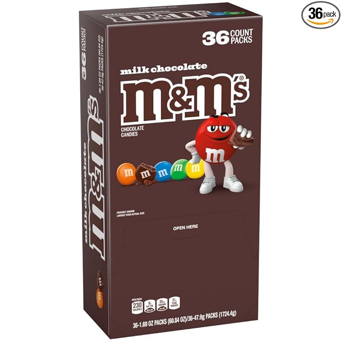 M&ampM'S Milk Chocolate Candy Full Size 1.69 oz Bag Pack of 36 Bulk Candy Chocolate