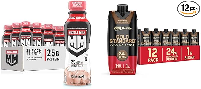 Muscle Milk Genuine Shake Strawberry 11.16 Fl Oz Bottles (12 Pack) &amp Optimum Nutrition Protein Shake Chocolate 24g Protein 11 Fl Oz (12 Count)