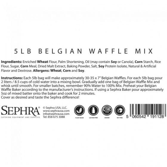 Sephra Belgian Waffle Mix 30lb case. Just add water! Vegan Nut Free and Kosher COR 519 Non-Dairy. For delicious Belgian Waffles for breakfast lunch and dinner every time.