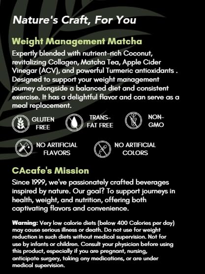 CAcafe ACV Turmeric Matcha Tea | 9g Protein | Superfoods Blend: ACV Turmeric Collagen Coconut Matcha | Instant Hot/Cold Mix | Non-GMO No Artificial Flavors | Energizing Meal Replacement | 6 Pack
