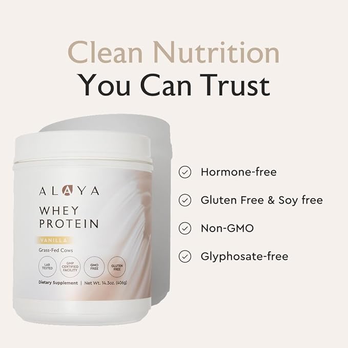 Alaya Naturals - Grass Fed Whey Protein Powder - Vanilla Flavor All Natural Hormone Free - 20g Protein per Serving - Non-GMO rBGH Free Gluten Free - Great Source of BCAA