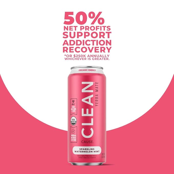 CLEAN Cause Low Calorie Watermelon Mint Sparkling Yerba Mate Tea 160mg Caffeine Organic Low Sugar Healthy Alternative to Energy Drinks (16oz cans 12-Pack Case)