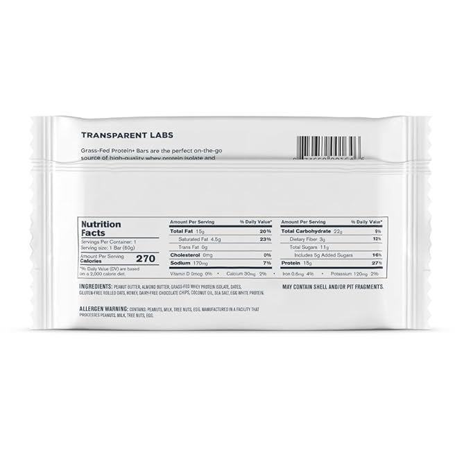 Transparent Labs Protein+ Bars - Whole-Food Protein Bars w/ 15g+ Grass-Fed Whey &amp Egg Whites Protein Natural Peanut &amp Almond Butter No Artificial Sweeteners - Oatmeal Chocolate Chip 12 Bars