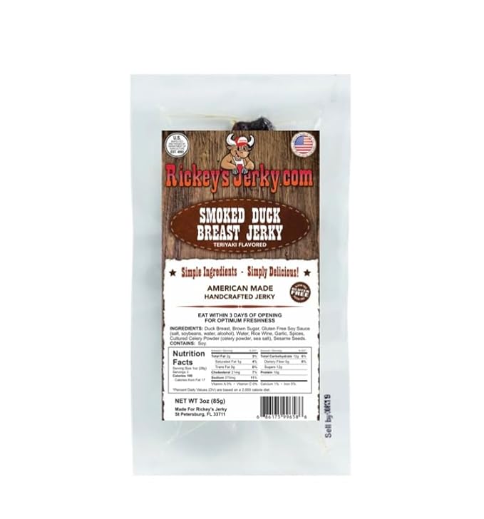 Rickey's Jerky Smoke Duck Breast 100% Made From Solid Strips of Duck Breast Exotic Wild Game Jerky All Natural Meat High Protein snack Keto Friendly Gluten Free Simple Ingredients exotic wild