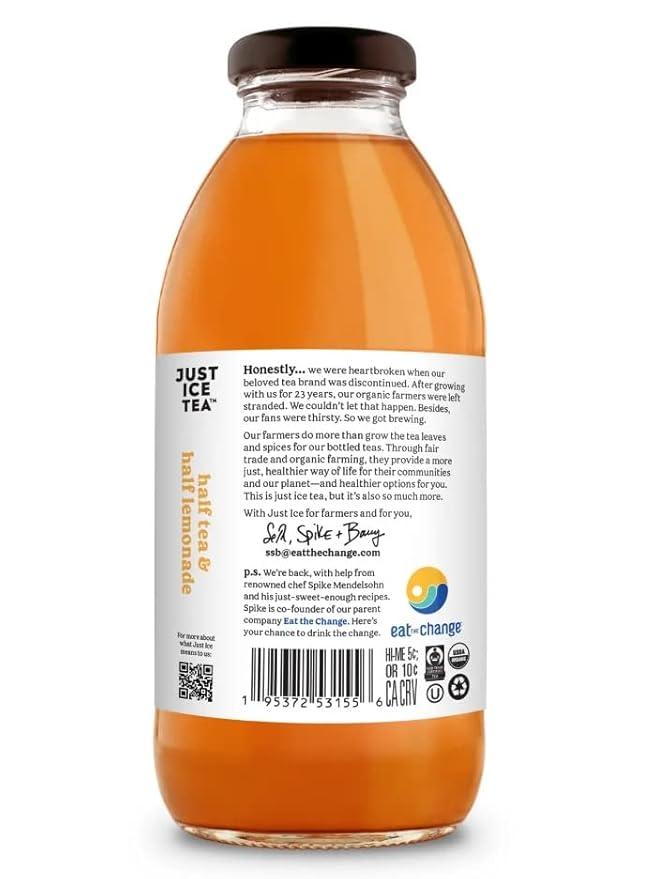 Just Ice Tea Organic Iced Tea 16 Fl Oz Glass Bottles (Pack of 4) (Half &amp Half)