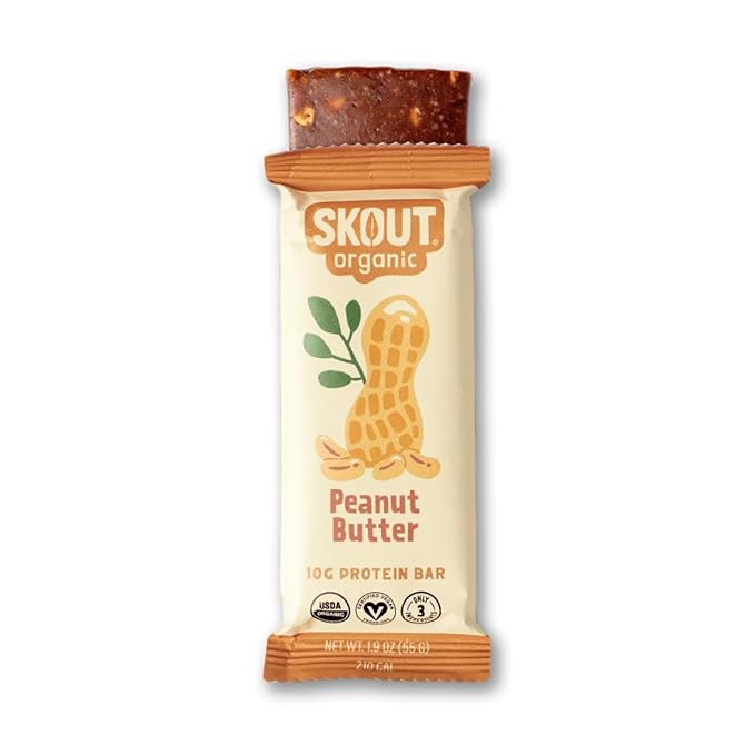 Skout Organic Plant-Based Protein Bars Peanut Butter (12 Pack) – 10g Protein – Vegan Protein Bars – Only 3 Ingredients – Easy Snack – Gluten Dairy &amp Soy Free
